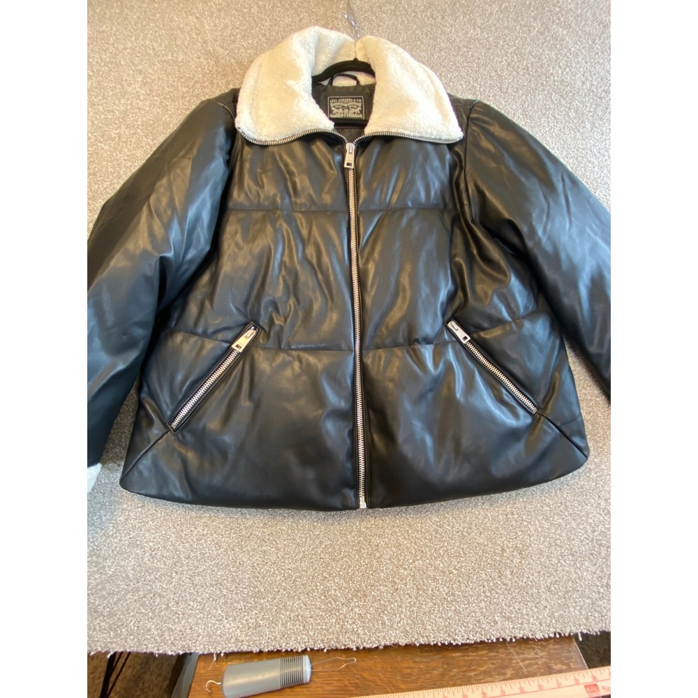 Levis Womens Faux Leather Sherpa Trim Puffer Jacket Black LW9WU107 2X NWT